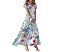 Sommerkleid Damen Lang, Langes Kleid Damen Elegant, Sommer Blumendruck V Ausschnitt Kurzarm Maxikleid Tunika Swing Lang Kleid Leicht Und Luftig Tunikakleid Loose A-Linie Strandkleid Freizeitkleid