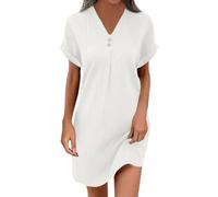 Sommerkleid Damen lang leinenkleid musselin Einfarbig V-Ausschnitt Kurze Ärmel Kurz Kleid Weiss Sommer Strickkleid(Weiß, L)
