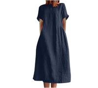 Sommerkleid Damen Lang Locker Midikleid Mit Taschen Elegant Kleider Damen Sommer Große Größen Kleid Midi A Linie Sommerkleider Frauen Leicht Und Luftig Kurzarm Strandkleid Baumwolle Leinen