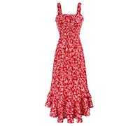 Sommerkleid Damen Lang Maxikleid Blumenkleid Freizeitkleid Swing Trägerkleid Abendkleid XL Rot-Weiße Blume