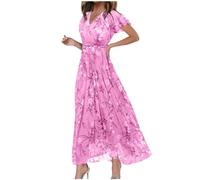 Sommerkleid Damen Lang - Maxikleid Damen Blumenkleid, Strandkleid Damen Sommer Chiffon Kleid Rüschen Kurzarm V-Ausschnitt Swing Boho Langes Kleider Elegant Festlich Freizeitkleid Partykleid