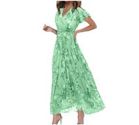 Sommerkleid Damen Lang - Maxikleid Damen Blumenkleid, Strandkleid Damen Sommer Chiffon Kleid Rüschen Kurzarm V-Ausschnitt Swing Boho Langes Kleider Elegant Festlich Freizeitkleid Partykleid