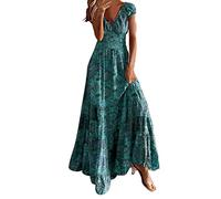 Sommerkleid Damen Lang,Maxikleid Damen Elegant,Lange Kleider Damen Sommer Vintage Partykleid Boho Maxi Kleid Ohne Ärmel Strandkleid Große Größe Freizeitkleid High Waist Ballkleider V Ausschnitte