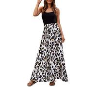 Sommerkleid Damen Lang,Maxikleid Damen Elegant,Spaghettiträger Kleid Damen Square Neck Lange Kleider Elegant Trägerkleid A Linie Lässig Freizeitkleid Patchwork Leoparden Partykleid Strandkleid