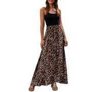 Sommerkleid Damen Lang,Maxikleid Damen Elegant,Spaghettiträger Kleid Damen Square Neck Lange Kleider Elegant Trägerkleid A Linie Lässig Freizeitkleid Patchwork Leoparden Partykleid Strandkleid