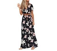 Sommerkleid Damen Lang Maxikleid Damen Kurzarm Kleider Damen Sommer mit Gürtel Blumen Muster V Ausschnitt Lange Kleid Elegant Boho Strandkleid Festliche Blumenkleid Tunika Freizeitkleid Partykleid