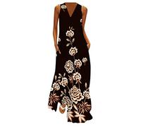 Sommerkleid Damen Lang - Maxikleid Damen V Ausschnitt -Langes Kleid Große Größen Strandkleid Ärmellos Blumen Druck Blusenkleid Sommer Lockeres Leichte Kaftan Boho Kleider Festlich Elegant Partykleid