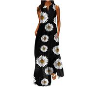 Sommerkleid Damen Lang - Maxikleid Damen V Ausschnitt -Langes Kleid Große Größen Strandkleid Ärmellos Blumen Druck Urlaubskleid Locker Partykleid mit Taschen Knöchellang A-Linien-Kleid