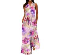 Sommerkleid Damen Lang - Maxikleid Damen V Ausschnitt -Langes Kleid Große Größen Strandkleid Ärmellos Blumen Druck Urlaubskleid Locker Partykleid mit Taschen Knöchellang A-Linien-Kleid
