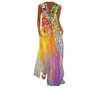 Sommerkleid Damen Lang - Maxikleid Damen V Ausschnitt -Langes Kleid Große Größen Strandkleid Ärmellos Blumen Druck Blusenkleid Sommer Lockeres Leichte Kaftan Boho Kleider Festlich Elegant Partykleid