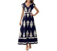 Sommerkleid Damen Lang Maxikleid Modische Drucken Sommerkleid Damen Leicht und Luftig Swing Strandkleid mit Bedrucken V-Ausschnitt Rüschen Ärmel A-Linie Blumenkleid Frauen Elegant Urlaubskleid