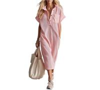 Sommerkleid Damen Lang Mit Ärmel Blusenkleid Kurzarm Waffel Kleider Sommer A Linie Tunika Kleid V Ausschnitt Oversize Tshirtkleid Mit Taschen Knopfleiste Maxi Sommerkleider Leicht Und Luftig