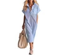 Sommerkleid Damen Lang Mit Ärmel Blusenkleid Kurzarm Waffel Kleider Sommer A Linie Tunika Kleid V Ausschnitt Oversize Tshirtkleid Mit Taschen Knopfleiste Maxi Sommerkleider Leicht Und Luftig