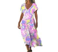 Sommerkleid Damen Lang mit Ärmel Boho Kleid Sommer A Linie Muster Maxikleid Elegant A Linie mit Schlitz Sommerkleider Leicht und Luftig Kleider Frauen Sommer Kurzarm Bohemian Strandkleid