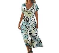 Sommerkleid Damen Lang mit Ärmel Boho Kleid Sommer A Linie Muster Maxikleid Elegant A Linie mit Schlitz Sommerkleider Leicht und Luftig Kleider Frauen Sommer Kurzarm Bohemian Strandkleid
