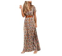 Sommerkleid Damen Lang mit Gürtel ,Strandkleid Damen Sommer - Boho Kleid Damen Kurzarm V-Ausschnitt Maxikleid Blumen Drucken Lange Kleider Festlich Elegant Lässig Slim Fit Freizeitkleid Partykleid