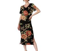 Sommerkleid Damen Lang Mit Schlitz Blumen Midikleider Damen Sommer Elegant V Ausschnitt Blusenkleid Kurzarm Floral Sommerkleider Frauen Leicht Und Luftig Midikleid A Linie Blumenkleid Elegante