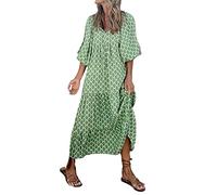 Sommerkleid Damen Lang Modische Print Große Größen Maxikleid V-Ausschnitt Puff Ärmel Kleid Bohemian Lockere Sommerkleider Damen Leicht und Luftig Swing Freizeitkleid Sommer Casual Lockere Maxi-Kleid