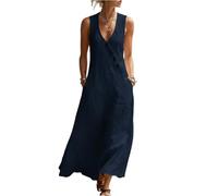 Sommerkleid Damen Lang Musselin Kleid A Linie V Ausschnitt Strandkleid mit Knopfleiste Maxikleid Sommer Ärmellos Sommerkleider Damen Leicht Und Luftig Kleider Baumwolle Leinenkleid