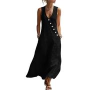 Sommerkleid Damen Lang Musselin Kleid A Linie V Ausschnitt Strandkleid mit Knopfleiste Maxikleid Sommer Ärmellos Sommerkleider Damen Leicht Und Luftig Kleider Baumwolle Leinenkleid