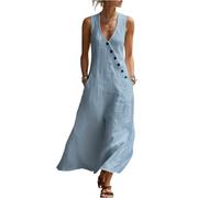 Sommerkleid Damen Lang Musselin Kleid A Linie V Ausschnitt Strandkleid mit Knopfleiste Maxikleid Sommer Ärmellos Sommerkleider Damen Leicht Und Luftig Kleider Baumwolle Leinenkleid