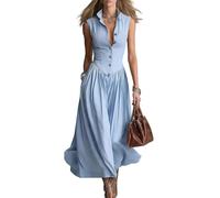 Sommerkleid Damen Lang Stehkragen Ärmellos Blusenkleid Vintage Curvy Kleid A Linie Western Cowboy Kleider Sommer Korsett Hemdblusenkleid mit Knopfleiste Maxikleid Plissee Partykleid