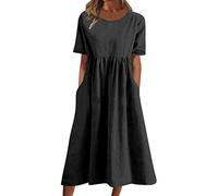 Sommerkleid Damen Lang - Strandkleid Damen Sommer, Maxikleid Damen Elegant Boho Kleid Einfarbig Plissiert Locker Tunika Langes Kleider mit Taschen Rundhals Freizeitkleid Blusenkleid Partykleid
