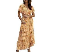 Sommerkleid Damen Lang Tupfen Druck Maxikleid Boho V-Ausschnitt Urlaubskleid Unregelmäßig A-Linien Kleid Knöchellang Blusenkleid Kurzarm Strandkleid mit Schnürung Partykleid Freizeitkleid