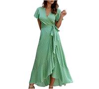 Sommerkleid Damen Lang Tupfen Druck Maxikleid Boho V-Ausschnitt Urlaubskleid Unregelmäßig A-Linien Kleid Knöchellang Blusenkleid Kurzarm Strandkleid mit Schnürung Partykleid Freizeitkleid