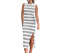 Sommerkleid Damen Lang V Ausschnitt Gestreifte T Shirt Kleid Sommer Strandkleid Maxikleider Kurzarm Midikleid Streifen Lässiges Lockeres Langes Kleider mit Schlitz Shirtkleider Freizeitkleid