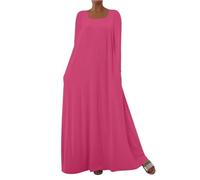 Sommerkleid Damen Langarm Quadratischer Ausschnitt Einfarbiges Maxikleid mit Taschen Fließender Rock Schnitt Weicher Alltagskleid Lockerer Urlaubskleid Lässiges Elegantes Freizeitkleid(Knallpink,M)