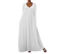 Sommerkleid Damen Langarm Quadratischer Ausschnitt Einfarbiges Maxikleid mit Taschen Fließender Rock Schnitt Weicher Alltagskleid Lockerer Urlaubskleid Lässiges Elegantes Freizeitkleid(Weiß,S)