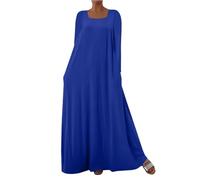 Sommerkleid Damen Langarm Quadratischer Ausschnitt Einfarbiges Maxikleid mit Taschen Fließender Rock Schnitt Weicher Alltagskleid Lockerer Urlaubskleid Lässiges Elegantes Freizeitkleid(Blau,XXL)