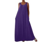 Sommerkleid Damen Langarm Quadratischer Ausschnitt Einfarbiges Maxikleid mit Taschen Fließender Rock Schnitt Weicher Alltagskleid Lockerer Urlaubskleid Lässiges Elegantes Freizeitkleid(Lila,XL)