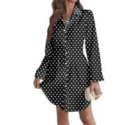 Sommerkleid Damen Langarm Reverskragen Einfarbiges Hemdkleid Knopfleiste Tailliert Minikleid Casual Lecit Alltagskleid Lockerer Lässiges Elegantes Taugliches Freizeitkleid(Schwarz,XXL)
