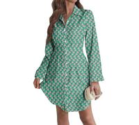 Sommerkleid Damen Langarm V Ausschnitt Boho Druck Einfarbiges Blusenkleid mit Knopf Tailliert Frezeit Sommer Lockerer Alltagskleid Lässiges Elegantes Taugliches Freizeitkleid(Grün,XXL)