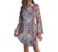 Sommerkleid Damen Langarm V Ausschnitt Boho Druck Einfarbiges Blusenkleid mit Knopf Tailliert Frezeit Sommer Lockerer Alltagskleid Lässiges Elegantes Taugliches Freizeitkleid(Grau,M)