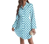 Sommerkleid Damen Langarm V Ausschnitt Boho Druck Einfarbiges Blusenkleid mit Knopf Tailliert Frezeit Sommer Lockerer Alltagskleid Lässiges Elegantes Taugliches Freizeitkleid(Blau,XXL)