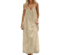 Sommerkleid Damen Leicht, Boho Kleid Damen, Sommer Einfarbig V Ausschnitt Ärmellos Midikleid Elegant Tank Kleid Leicht Und Luftig Spaghetti Trägerkleid Swing Lang Kleider Casual A Linie Strandkleid