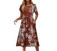 Sommerkleid Damen Leicht Lang Italienische Kleider Sommer Midi Elegant Blumen Boho Kleid Damen A Linie Plissee Sommerkleider Frauen Leicht Und Luftig Bohemian Damenkleider Kurzarm mit Taschen