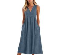 Sommerkleid Damen Leicht Lang,Kurzarm Casual Boho Kleid Kleider Ärmellos StrandkleidFreizeitkleid Locker Midikleid Sommerkleider Und Luftig Strandkleider Frühlingskleider Mit Taschen(Marine,XL)