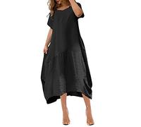 Sommerkleid Damen Leicht Lang Kurzarm Leinenkleid Damen Sommer Maxi Elegant A Linie Sommerkleider Leicht Luftig Baumwolle Leinen Kleider Plissee Große Größen Strandkleid mit Taschen Maxikleid