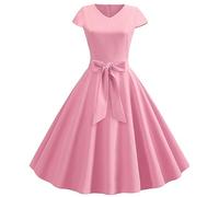 Sommerkleid Damen leicht lang Sale Kleider Damen Sommer Vintage-Kleid mit V-Ausschnitt und kurzen Ärmeln einfarbig Freizeitkleid Cocktail-Abendkleid Winter Kleider Damen Elegant