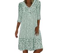 Sommerkleid Damen Leicht Midi Kleid V-Ausschnitt 3/4 Ärmel T-Shirt Kleider Swiss Dot Chiffonkleid Frauen Blusenkleid Boho Strandkleider Vintage Lose Freizeitkleider Dress