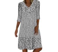 Sommerkleid Damen Leicht Midi Kleid V-Ausschnitt 3/4 Ärmel T-Shirt Kleider Swiss Dot Chiffonkleid Frauen Blusenkleid Boho Strandkleider Vintage Lose Freizeitkleider Dress