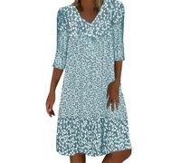 Sommerkleid Damen Leicht Midi Kleid V-Ausschnitt 3/4 Ärmel T-Shirt Kleider Swiss Dot Chiffonkleid Frauen Blusenkleid Boho Strandkleider Vintage Lose Freizeitkleider Dress