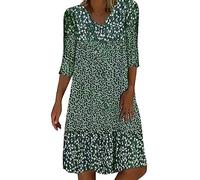 Sommerkleid Damen Leicht Midi Kleid V-Ausschnitt 3/4 Ärmel T-Shirt Kleider Swiss Dot Chiffonkleid Frauen Blusenkleid Boho Strandkleider Vintage Lose Freizeitkleider Dress