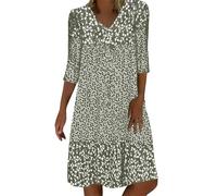 Sommerkleid Damen Leicht Midi Kleid V-Ausschnitt 3/4 Ärmel T-Shirt Kleider Swiss Dot Chiffonkleid Frauen Blusenkleid Boho Strandkleider Vintage Lose Freizeitkleider Dress