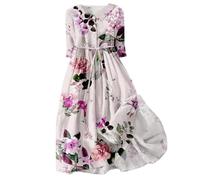 Sommerkleid Damen Leicht Revers Tasten 3/4 Arm Leinenkleid Sommer Bohemian Blumen Drucken Lang Sommerkleider mit Gürtel Elegant Kleider A-Linie Strandkleid Casual Freizeitkleid Blumenkleid