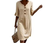 Sommerkleid Damen Leicht,Sommer Kleider Kurzarm Midikleider Lockeres Leinenkleid Vintage Einfarbige Linenkleid Midikleid V-Ausschnitt Halbarm Kleid Freizeitkleid Knopf Locker Baumwoll Linen(Beige,L)